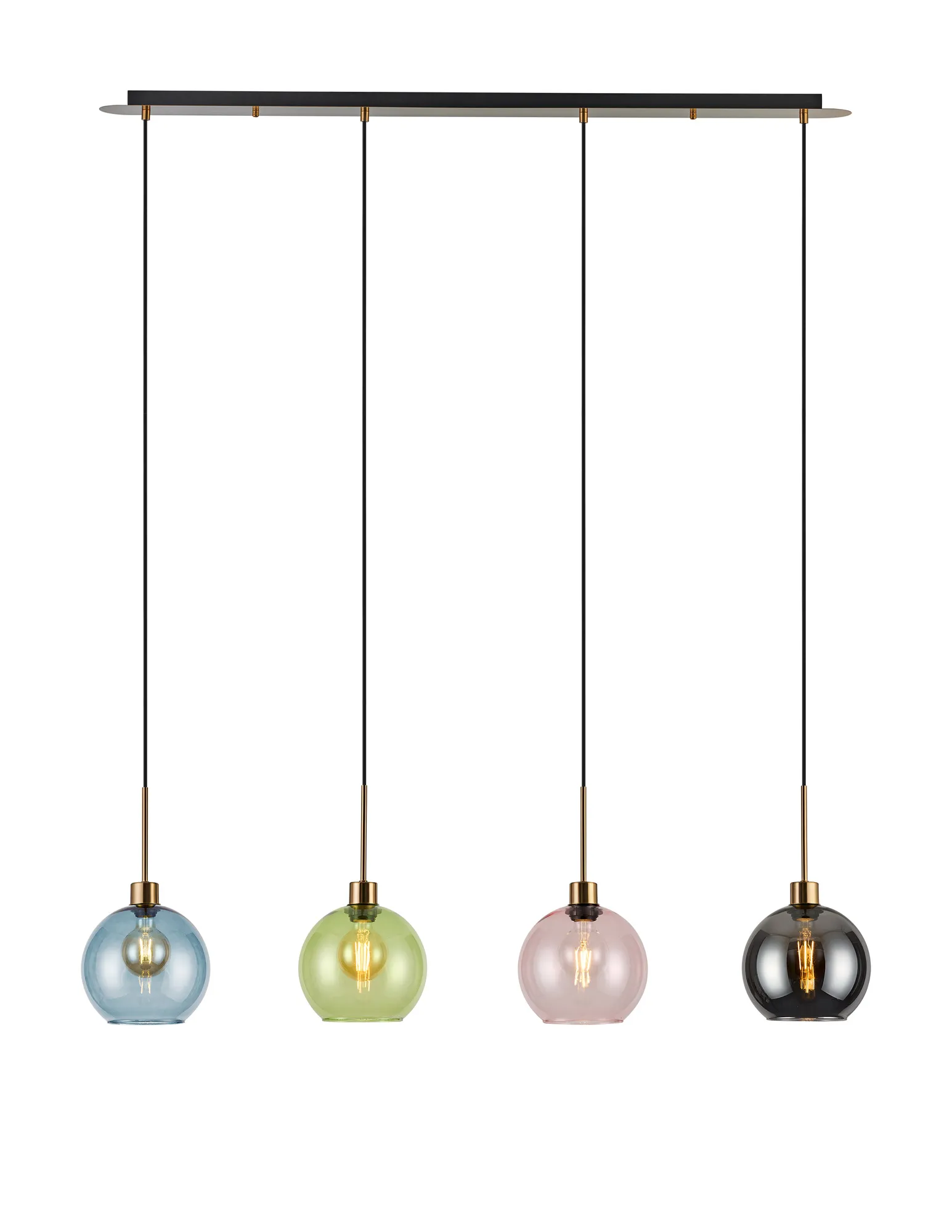 DK1228  Lori Linear Pendant, 4 Light Adjustable E27, Antique Gold/Blue/Green/Pink/Smoke Open Mouth Round Globe Shades